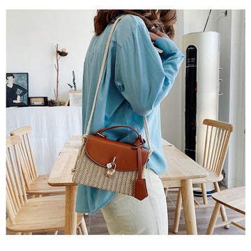 Tajade Messenger PU Leather Strap Hand Lock Chain Square Straw Bag